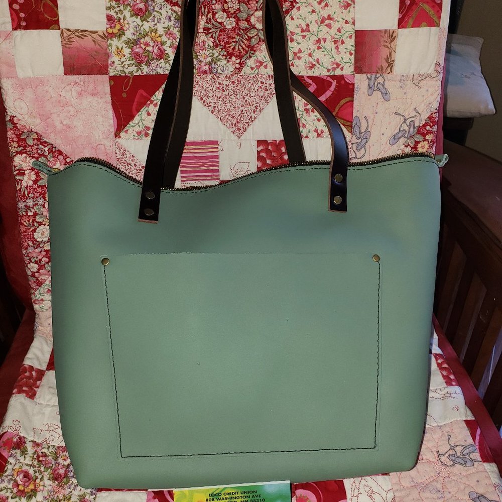 New Portland Leather Goods Large Zipper Tote Sage Green Rare Color HIDE MARK!